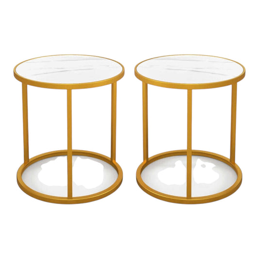MFurn Marble Top Round Side Table End Table with Golden Metal Frame-Set of 2