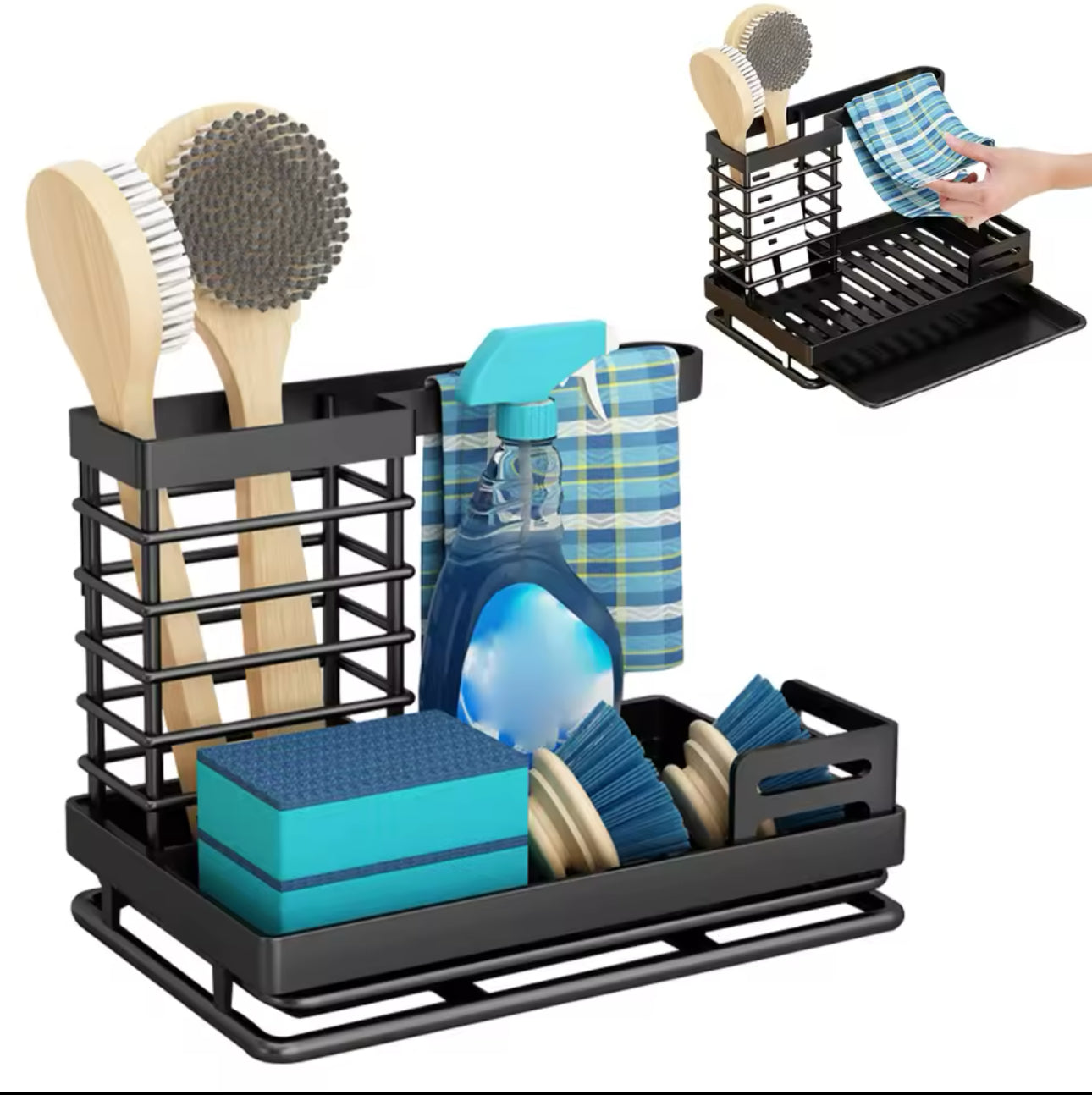 Sink Caddy Organiser,Kitchen Cloth Holder, Stainless Steel Utensils Basket with Drain Pan for Kitchen and Bathroom (Black)