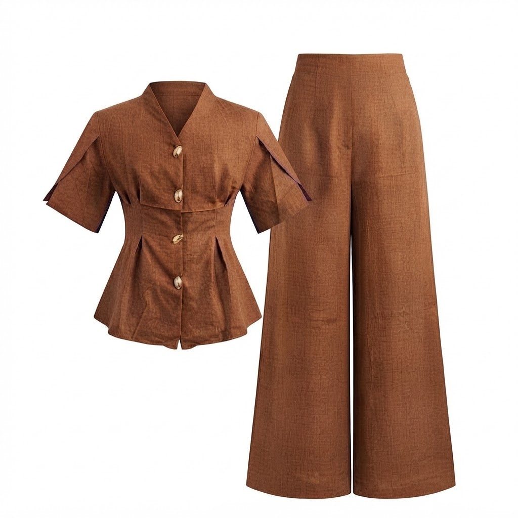 Women’s Button Front Wide Leg 2 Piece Set – Short Sleeve Top & Pants