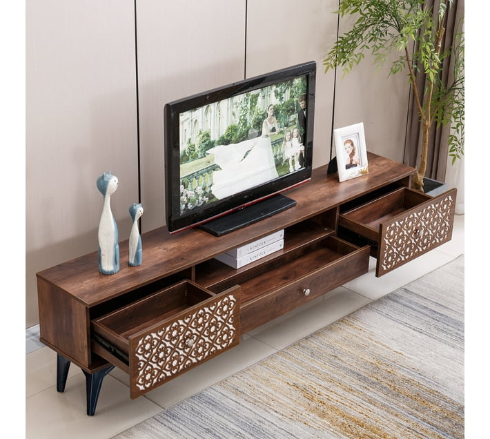 TV Stand Media Console Wood Table with 3 Storage Drawers