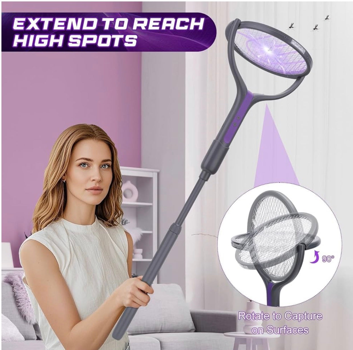MHome 2 in 1 Rotating Head Electric Fly Swatter, Fly Zapper Racket Rechargeable with a Telescopic Extension, Handy Flies Killer Mosquito Bug Zapper for Indoor and Outdoor