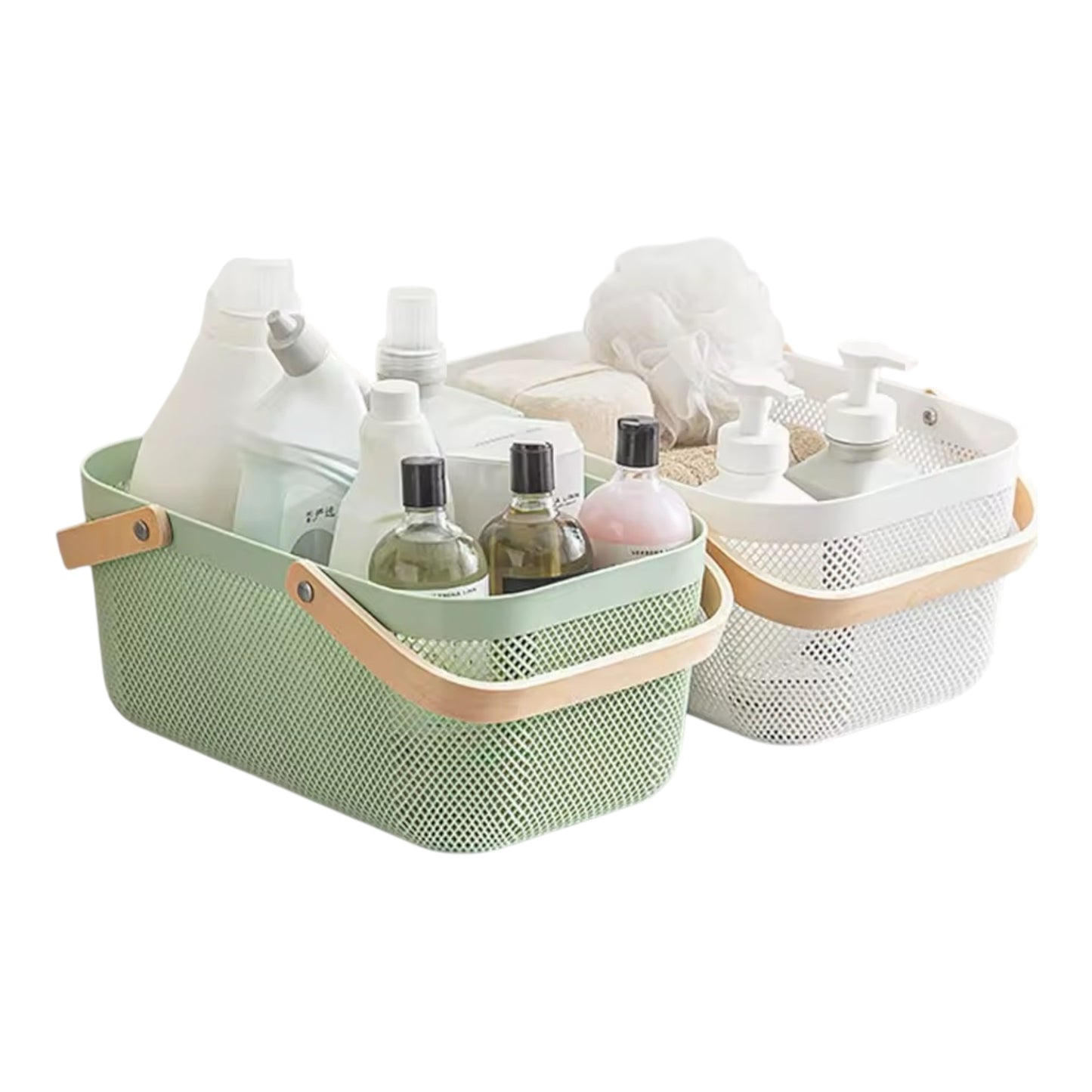 MHome Multifunction Mesh Basket with Wooden Handle Cosmetic Organizer Kitchen Fruit Vegetable Storage Basket-Various Colour 2pc Set
