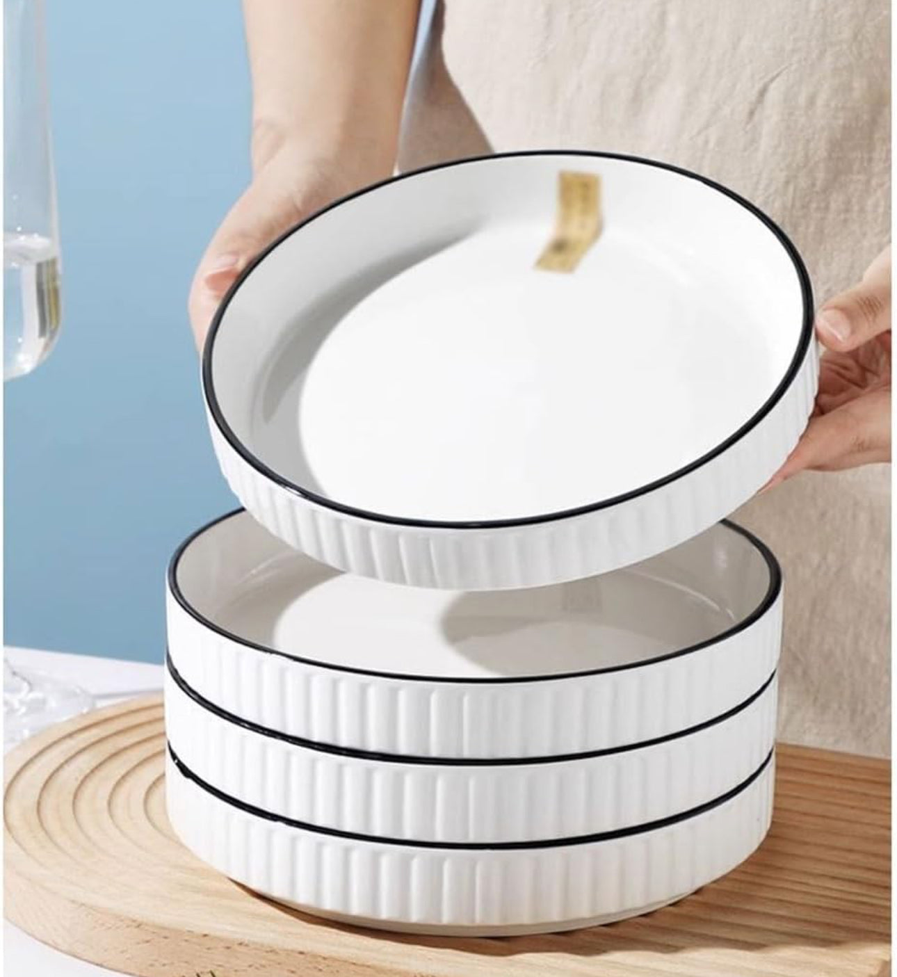 Dinner Plates Plates Household Ceramic Vertical Pattern Chinese Dinner Plate Set Creative Personalized Deep Soup Plate Microwaveable Salad Plates 6pc Set