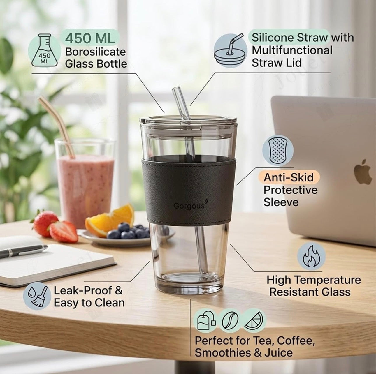 MHome Glass Tumbler with Leather Sleeve and Straw, 450ML,Clear|Stylish Coffee & Juice Sipper Bottle|Reusable Water Cup with Straw & Lid |Premium Clear Drinking Bottle for Gym,School &Travel.