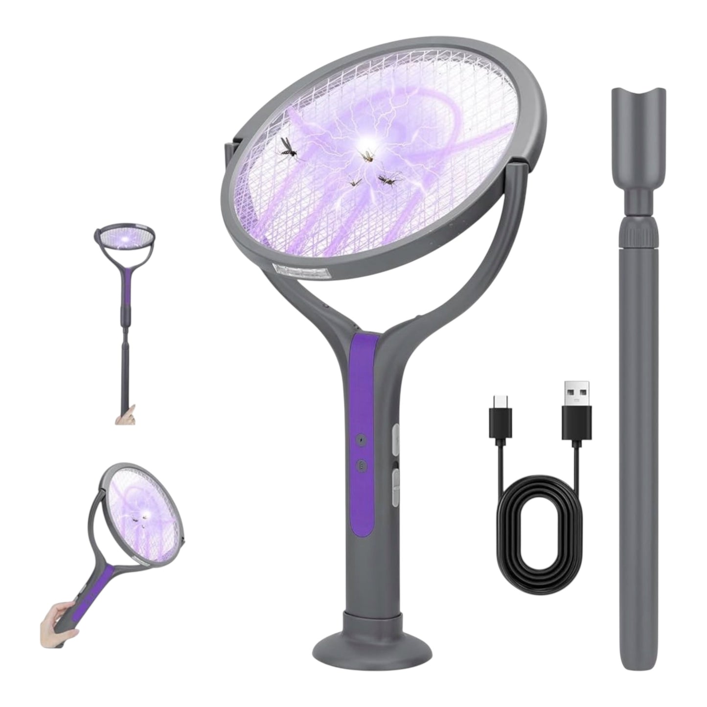 MHome 2 in 1 Rotating Head Electric Fly Swatter, Fly Zapper Racket Rechargeable with a Telescopic Extension, Handy Flies Killer Mosquito Bug Zapper for Indoor and Outdoor