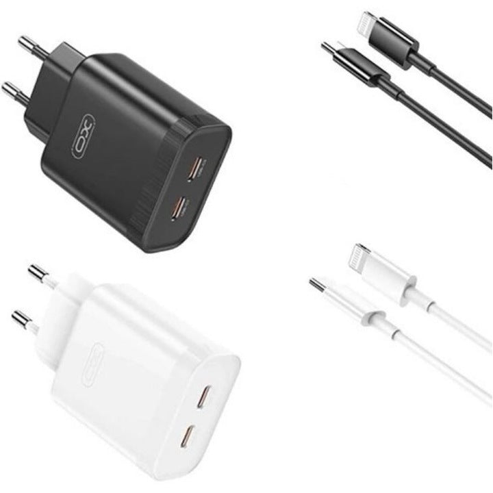 Adapter and Lightning Cable for iPhone, Dual Type-C Charger, Fast Charging 35W, Black.