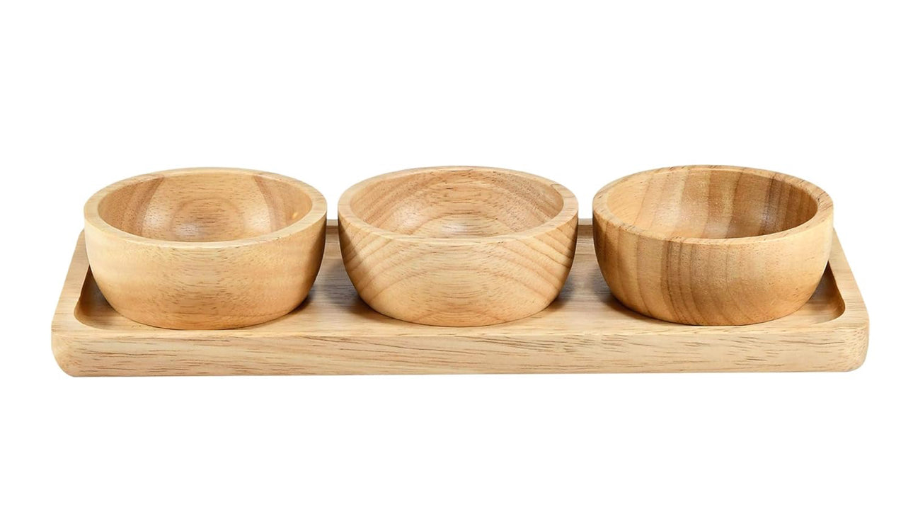 MHome 3pc Bamboo Snack Plate Set – Wooden Condiment Tray with 3 Serving Bowls
