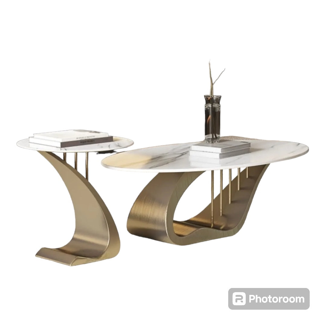 M-Furn Nordic Style Coffee Table Set 2pc Marble Top/Gold Trim