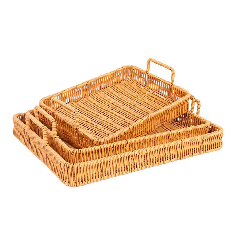 MHome  Kitchen Bread Serving Trays Unique Rectangular Woven Baskets for Fruit and Bread with Easy Carry Handle 3pc Set