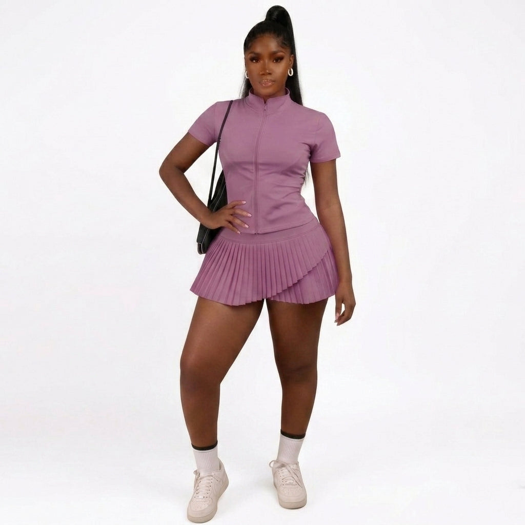 Women’s Short Sleeve Pleated Tennis Dress with Built-In Shorts