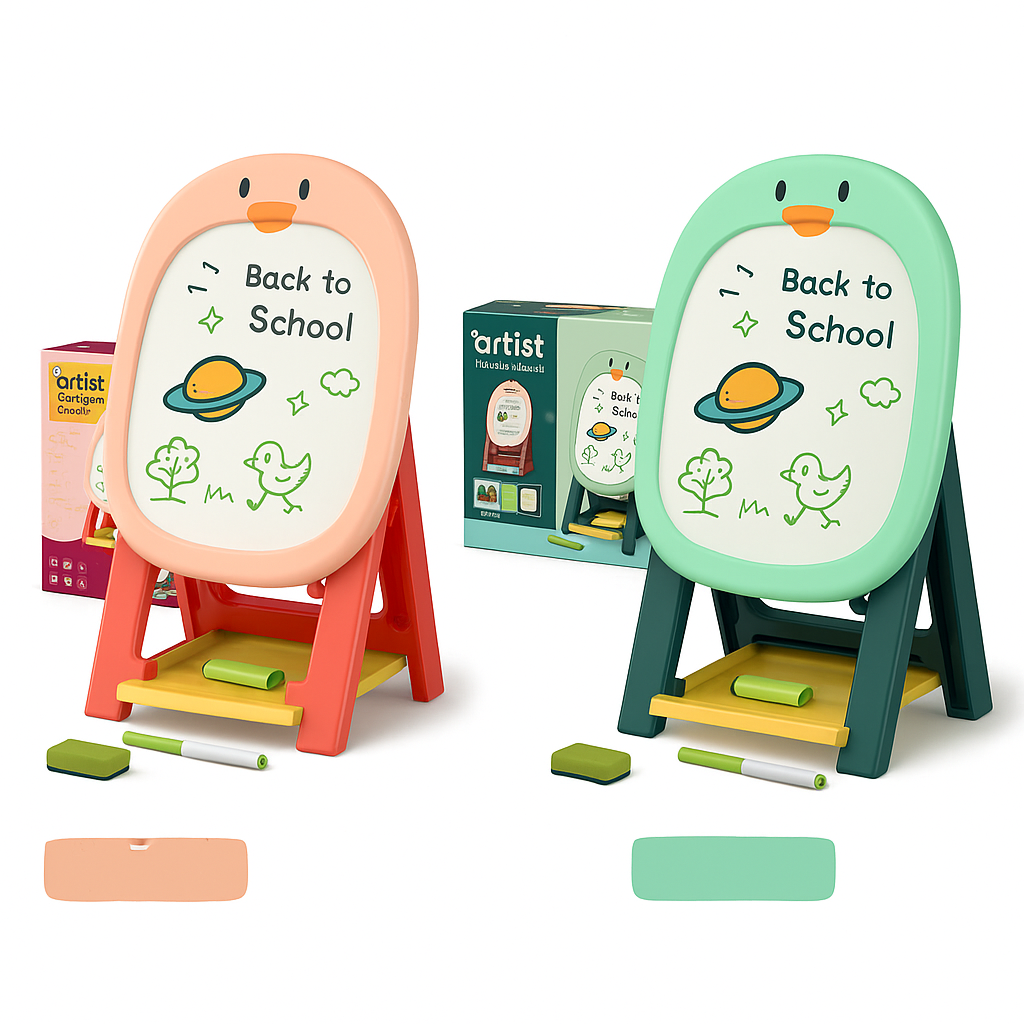 Kids Adjustable Easel Vertical Double-Sided Kids Magnetic Drawing Board With Shelf – 46-Piece Art Set