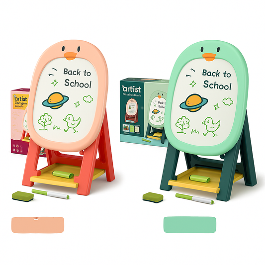 Kids Adjustable Easel Vertical Double-Sided Kids Magnetic Drawing Board With Shelf – 46-Piece Art Set