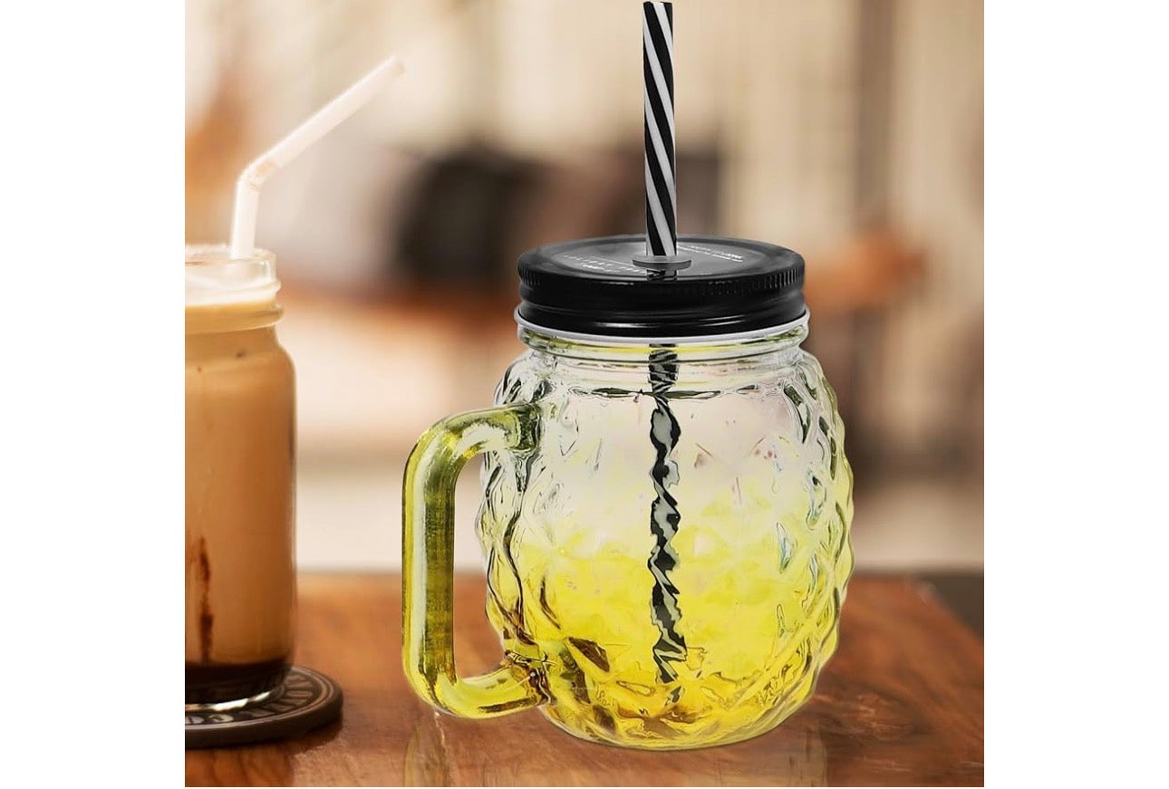 MHome Pineapple Mason Jars Sturdy Juice Glassware Gradient Glass 6pc set with Leak-Proof Lid and Straw Spill Proof Beverage Mugs Suitable for School and Work