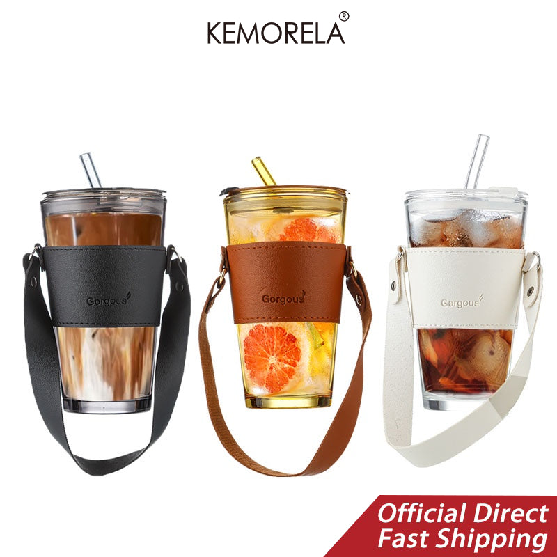 MHome Glass Tumbler with Leather Sleeve and Straw, 450ML,Clear|Stylish Coffee & Juice Sipper Bottle|Reusable Water Cup with Straw & Lid |Premium Clear Drinking Bottle for Gym,School &Travel.