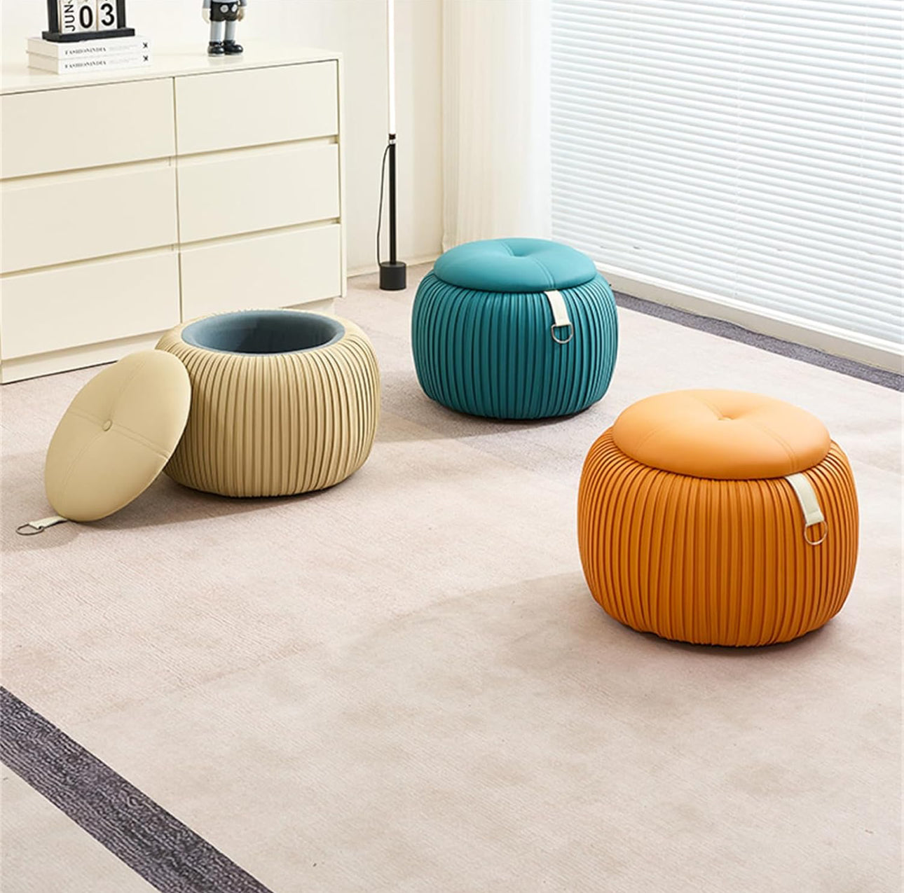 Round Ottoman with Storage, Round Shoe Storage Ottoman, Ottoman Footstool, Upholstered Round Foot Rest Coffee Table Padded Seat for Living Room Bedroom