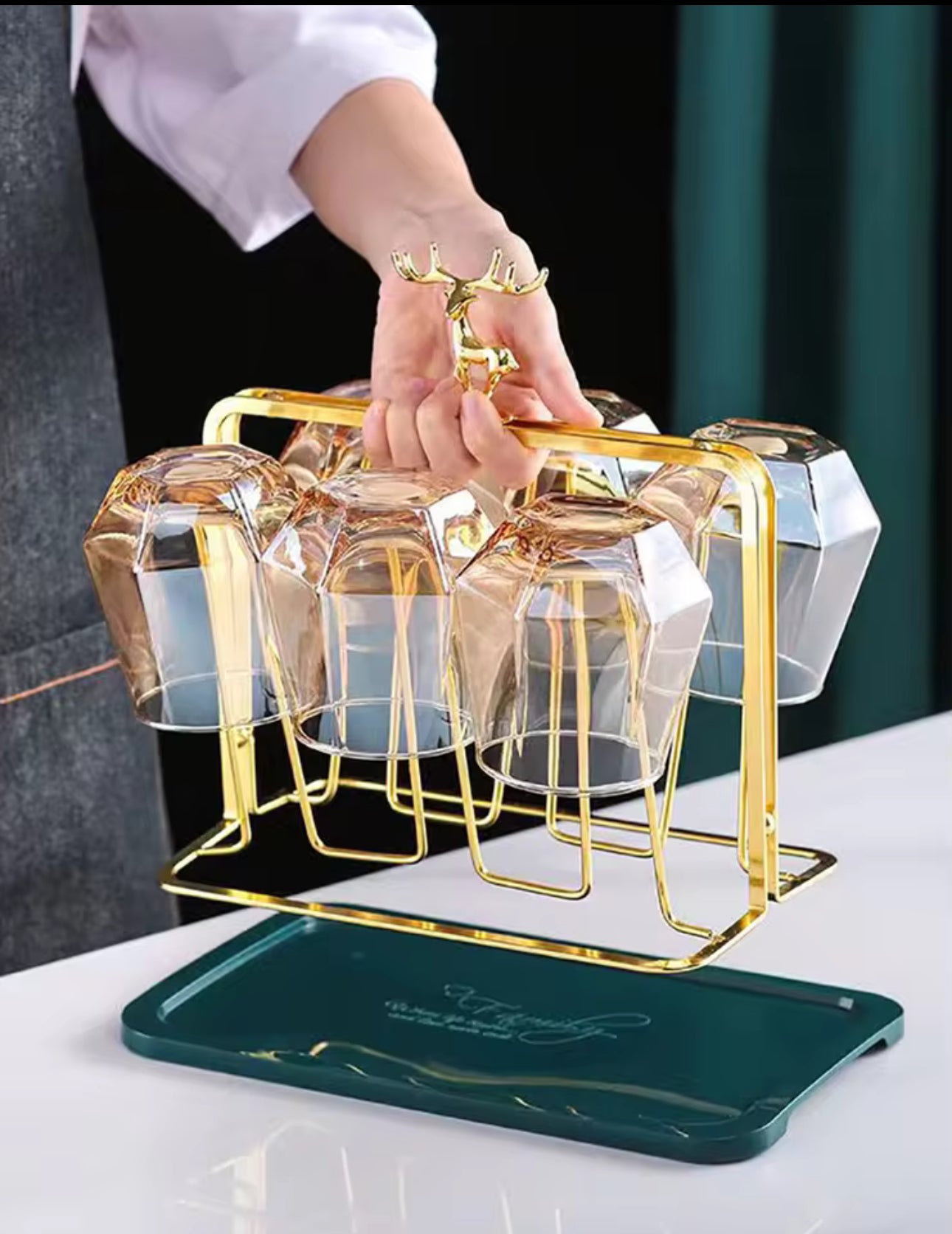 Amber Color Cup Set Golden Mug Holder Green Tray Kitchen Living Room Storage Rack Mug for Coffee Cups Cups and Mugs Drinkware