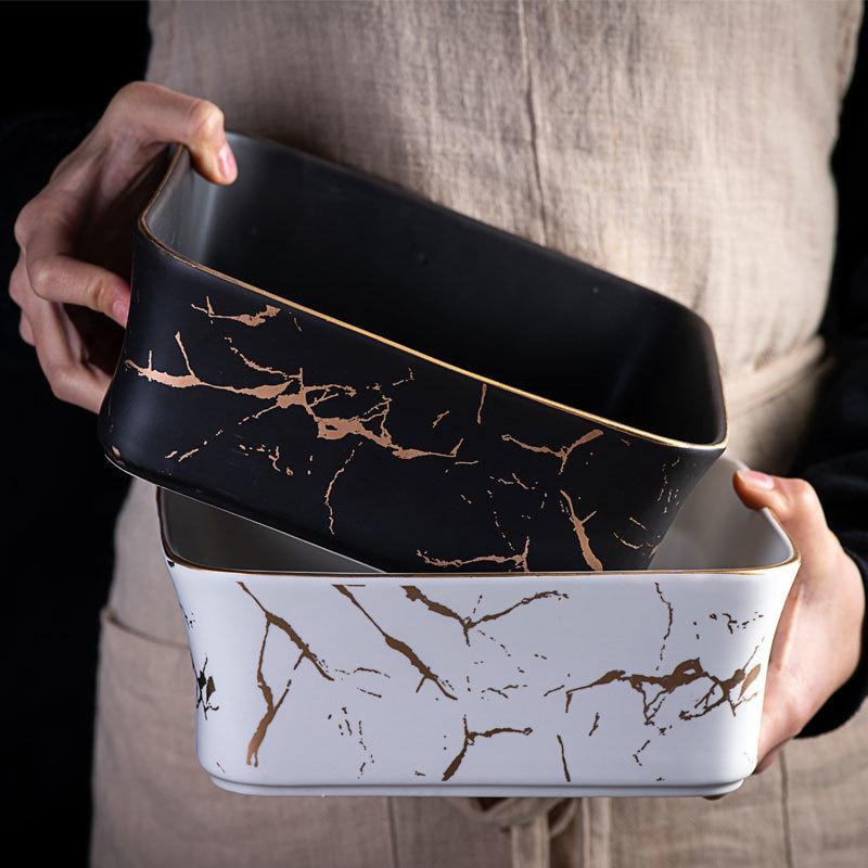MHome Marble Ceramic Serving Bowl with Wooden Base