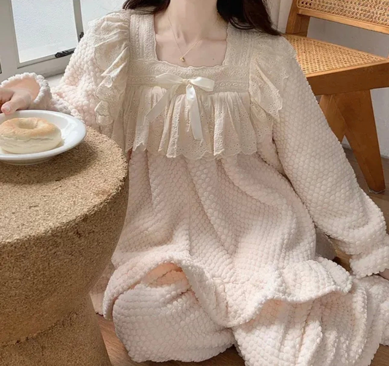 Ladies Coral Fleece Pyjamas  Autumn/Winter Thick Padded Warm Sweet Lace Suit Winter-Various Colours