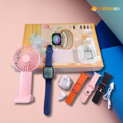 Smartwatch, Handy Fan and Earbuds Combo Set. Bluetooth Calling Smart Watch with 4 Straps, Best Quality Hand Fan and Earbuds Gift Set D96 Plus-Various Colours