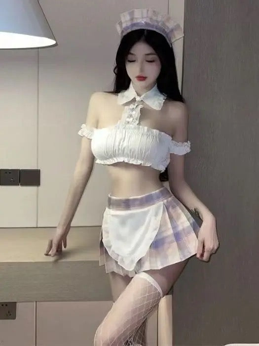 Sexy Uniforms Cute Student Maid Mini Dress Elegant Halter Neck T Shirt Sweet Hot Sexy