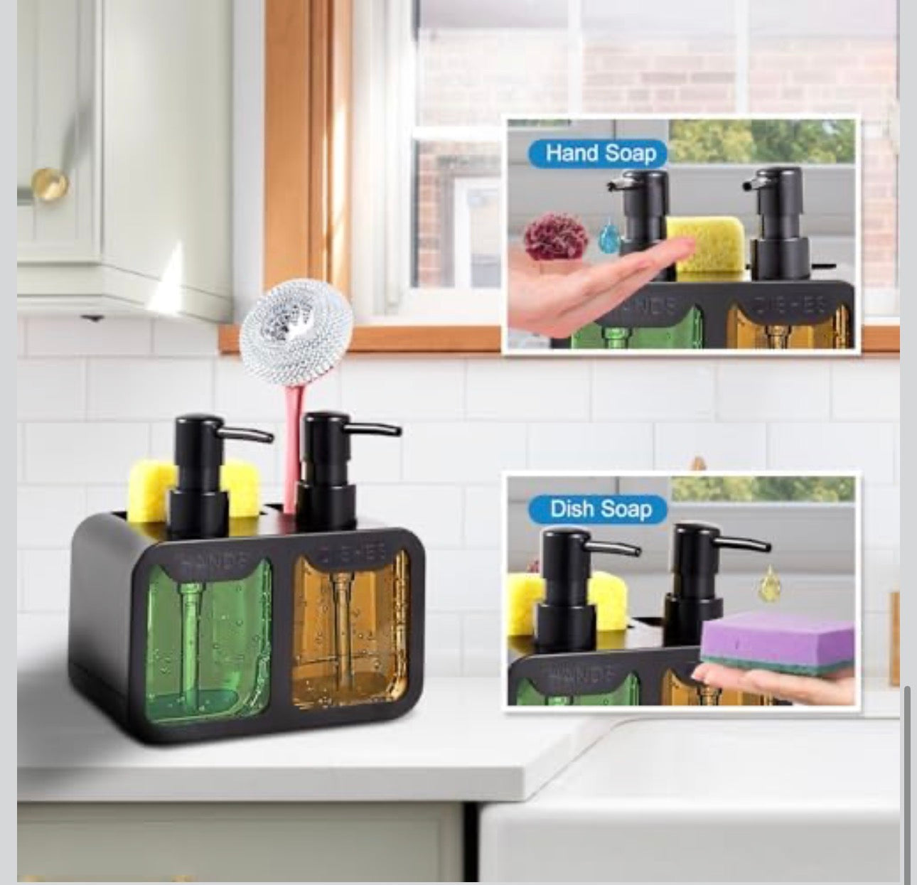 MHome Kitchen Soap Dispenser Set, with Hand and Dish Soap, Sponge Caddy and Brush Holder 4-in-1 Kitchen Dual Soap Dispenser Set for Kitchen Sink, Bathroom - Black or White