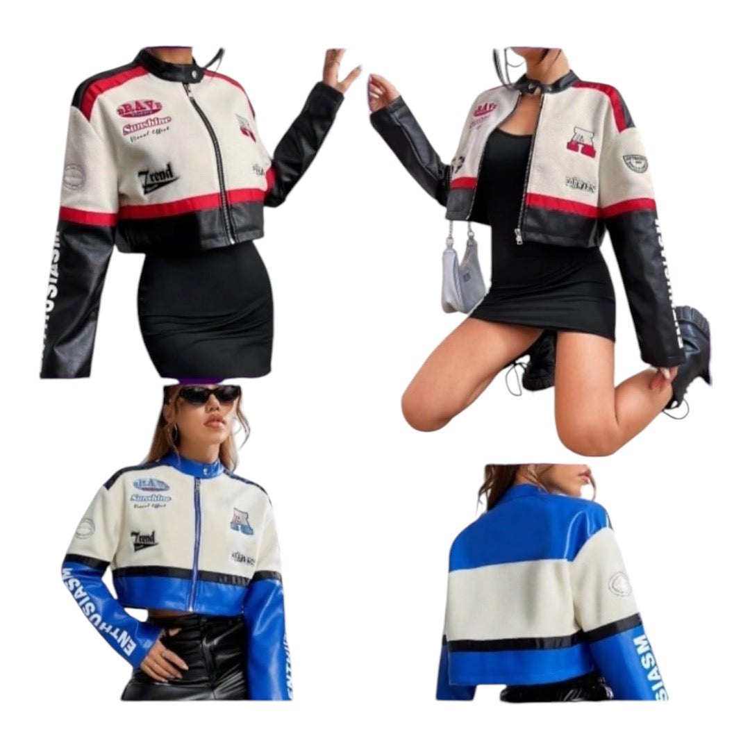 Ladies Crop Biker Faux Leather Jacket