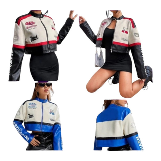 Women's Cropped Moto Racing Jacket – Faux Leather Zip-Up Biker Jacket