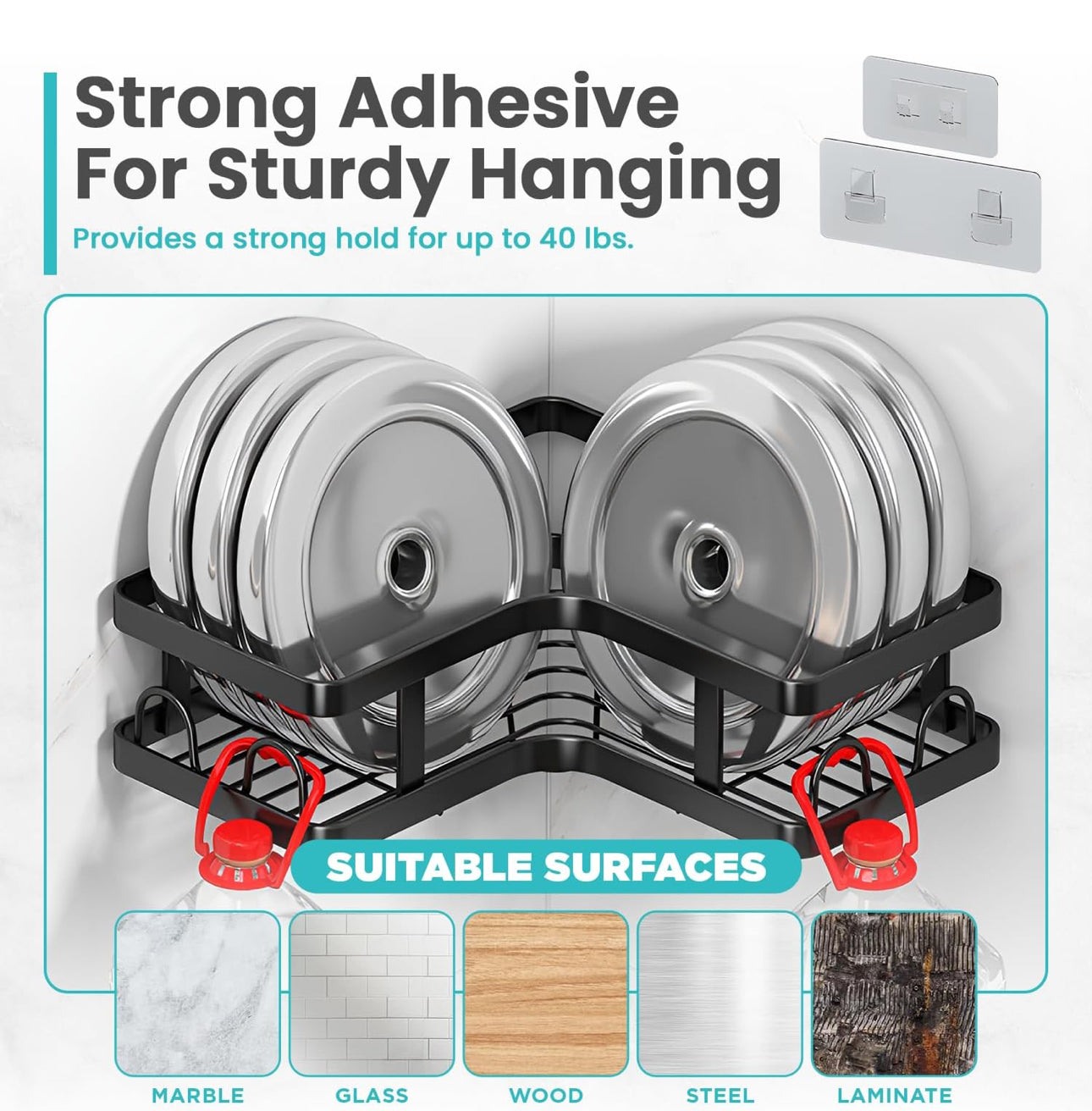 Corner Shower Caddy, Stainless Steel Shower Organizer Shelf with Soap Holder, Bottle Holder & Hook Wall-Mounted Shower Shelves with 16 Hooks, Bathroom Shower Rack (Black) 5pc
