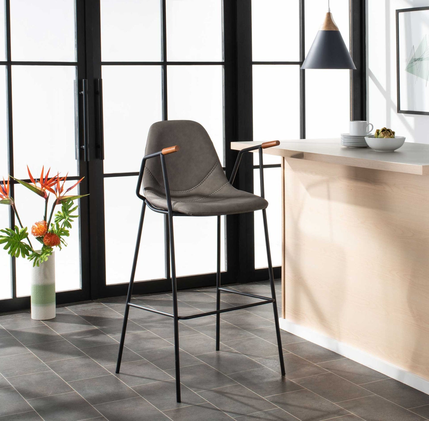MFurn Mid Century Industrial Bar Stool with Footrest & Armrest Various Colours 2pc Set