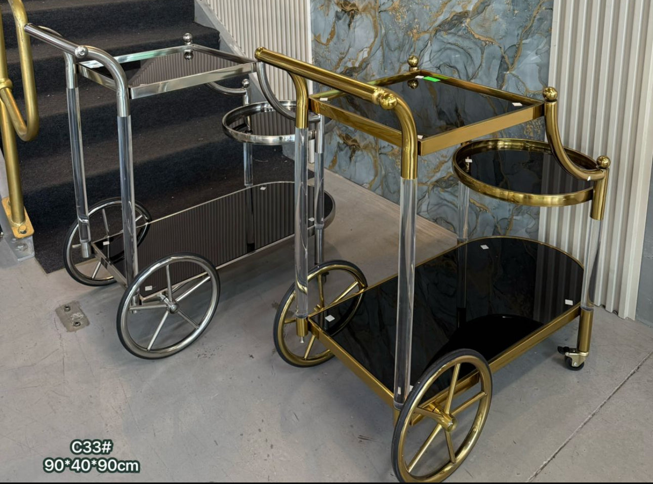 MFurn 3-Tier Rolling Bar Cart – Mirrored Glass Shelves with Wheels