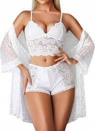 Womens Sexy Lingerie Robe Set - 3 Piece Women's Lingerie Lace Floral Robe with Bra and Panty Set Babydoll Sheer Nightgown-Various Colours