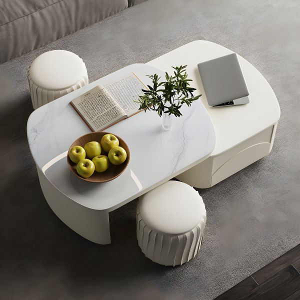 MFurn 
Extendable Coffee Table for Living Room,with 2 Storage Stools and 2 Drawers, White.