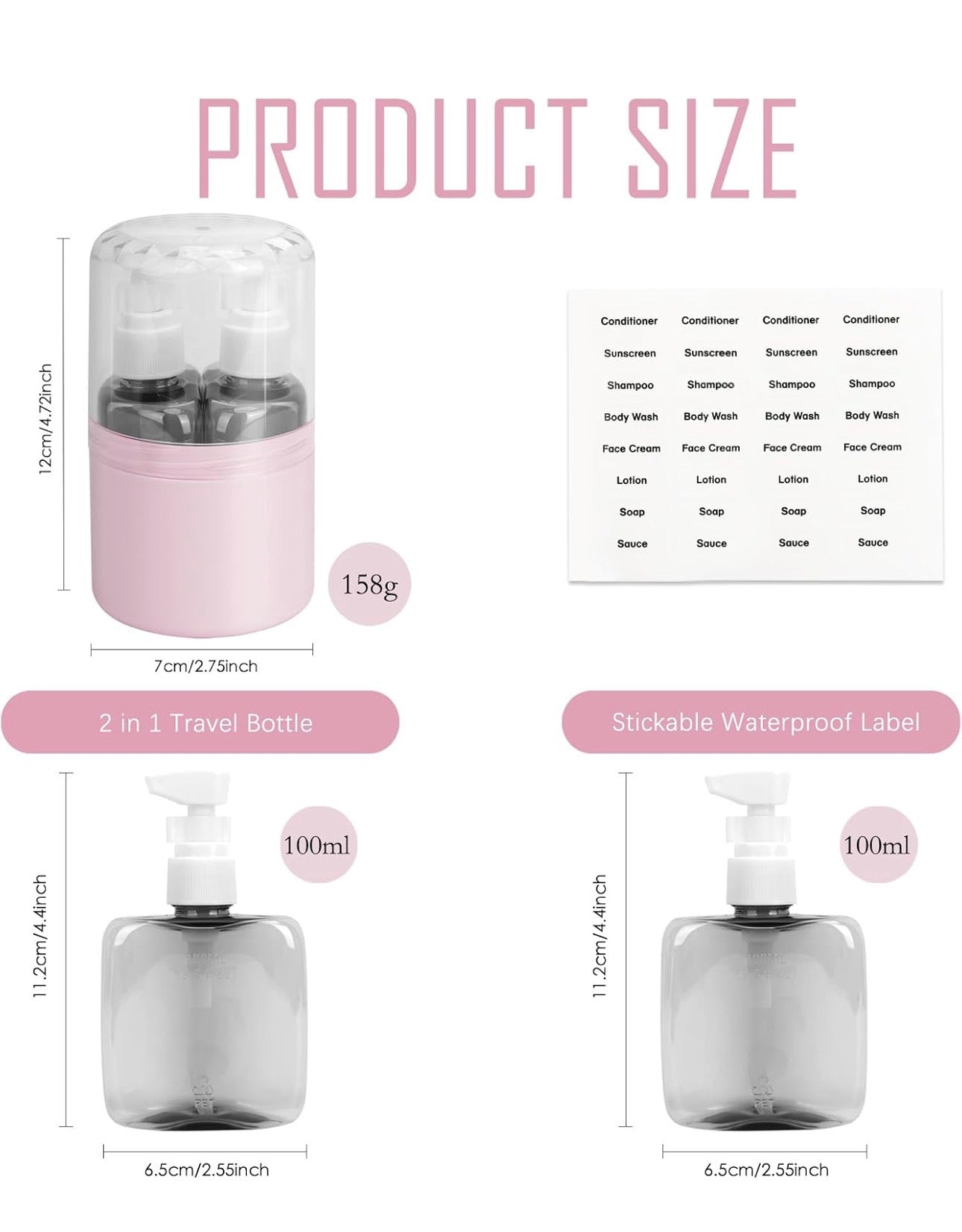 MHome 4:1 Travel Containers for Toiletries, Leak-Proof Refillable Plastic Bottles with Lid, Toiletry Containers for Shampoo 8pc Set