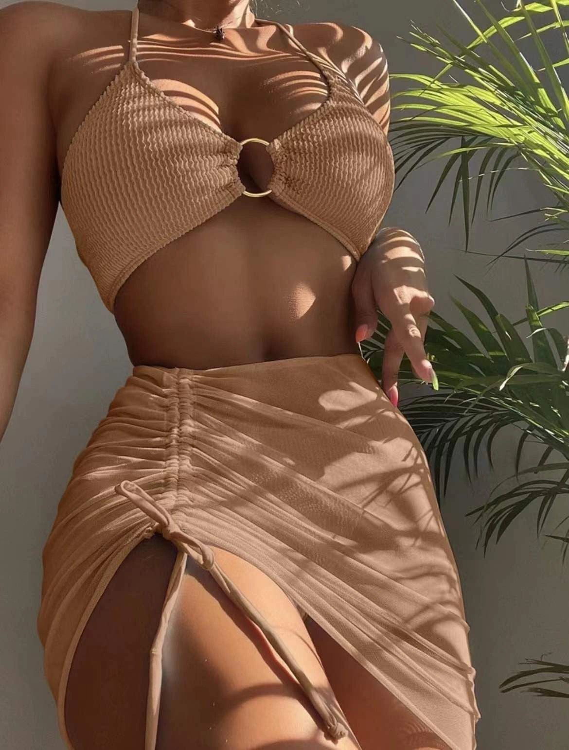 Ladies 3 Pieces Mesh Skirt Swimsuit Women Halter Micro Ribbed Bikini High Waist Swimwear Sexy Solid Beachwear Bathing Suit Various Colours