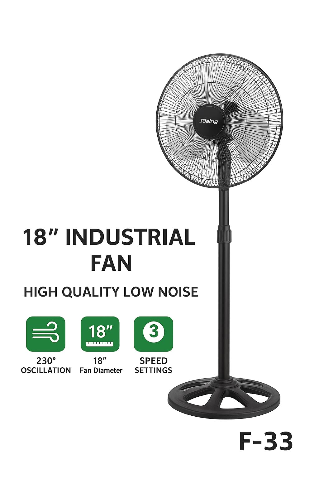 Rising Adjustable Pedestal Fan, Black, 18-Inch Standing Oscillating Fan with Round Base, Electric-Powered 2pc Set