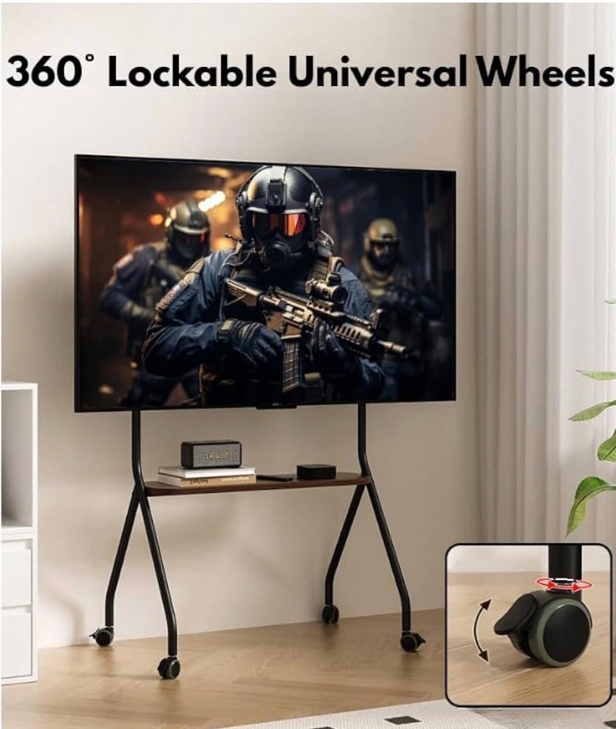 MTech Mobile TV Stand with Game Console Mount, Black, Carbon Steel & Wood, Fits 49-75 inch TVs, 360° Wheels, Height Adjustable