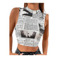 Ladies Newspaper Print Mock Neck Crop Tank Top Various Options