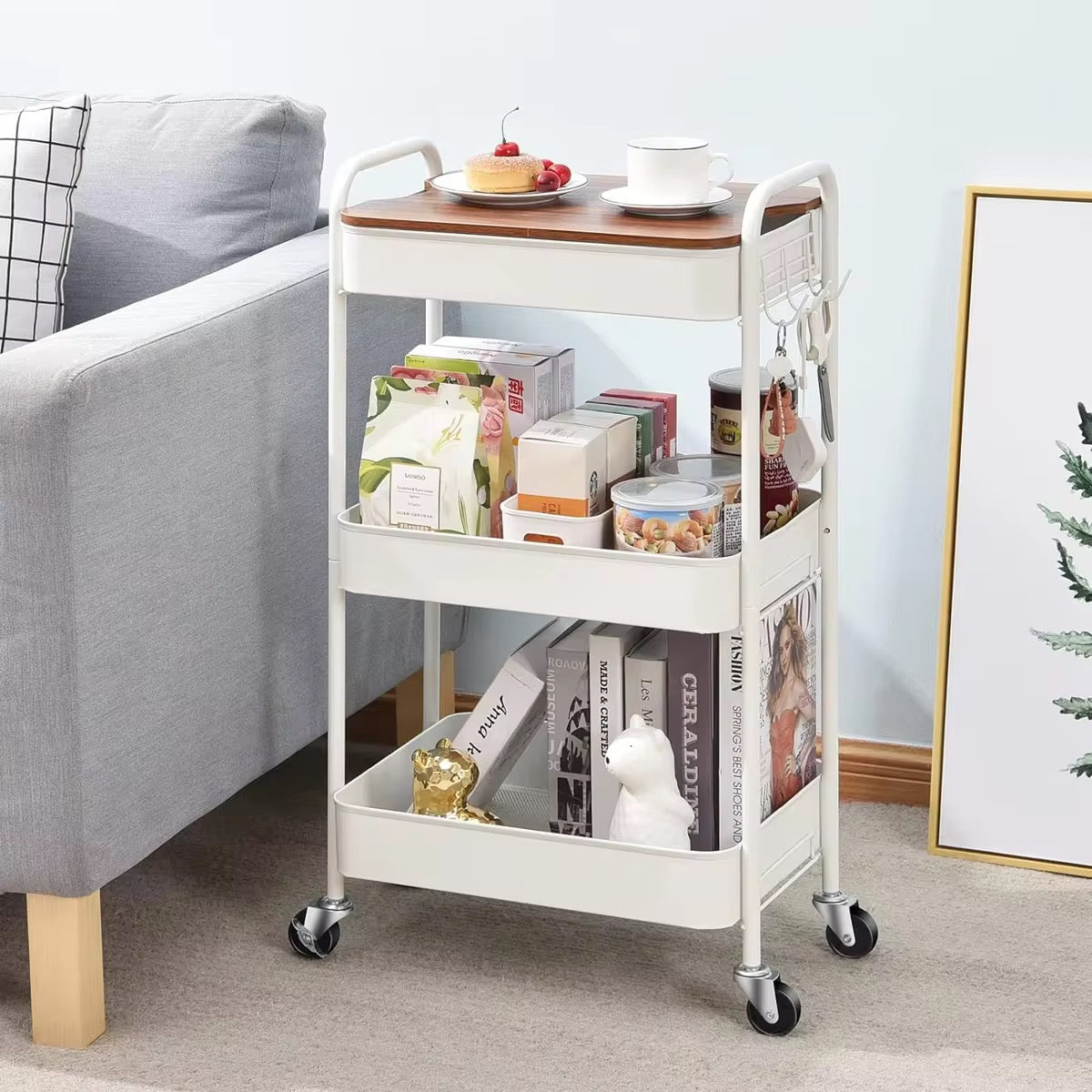 MFURN 3 Tier Rolling Cart with Table top, Metal Rolling Utility Cart on Wheels, Sturdy Storage Organizer Cart with Hooks for Office, Classroom, Kitchen and Bathroom (White)
