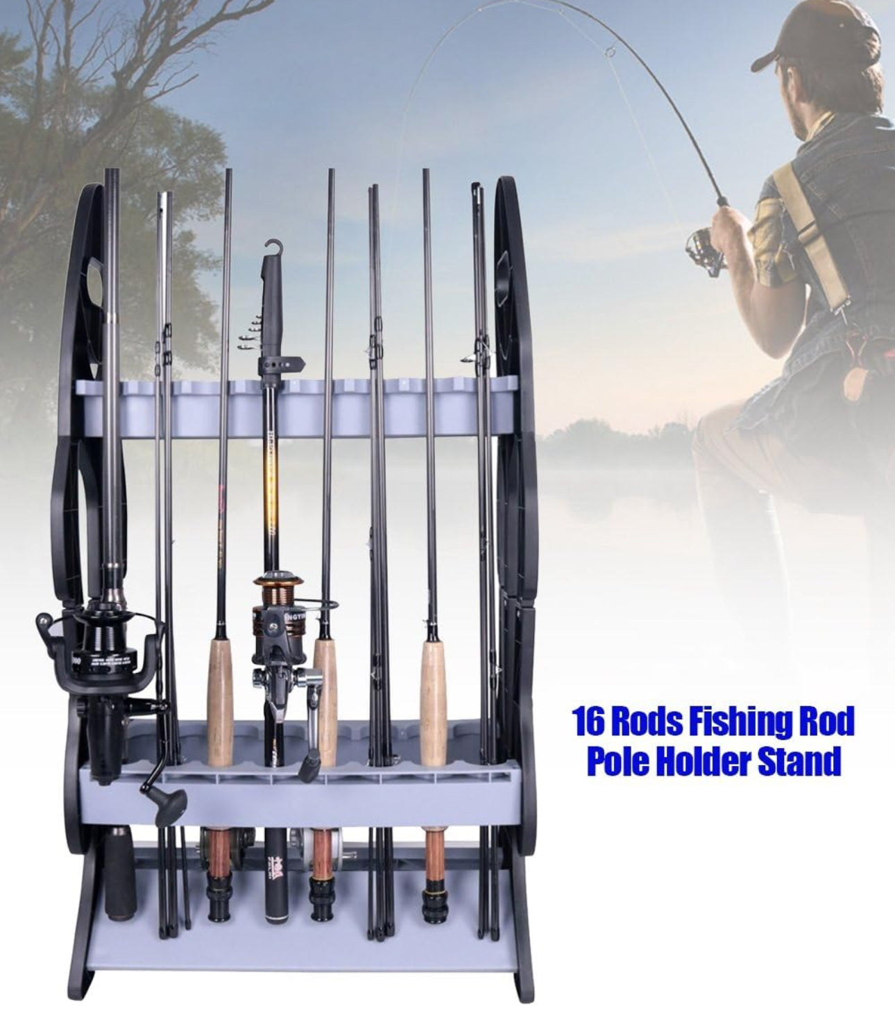 Fishing Rod Rack, 16 Fishing Rod Holder Stand Lightweight Pole Stand Rod Storage Organizer Holder Fish Rod and Its Accessories and Supplies