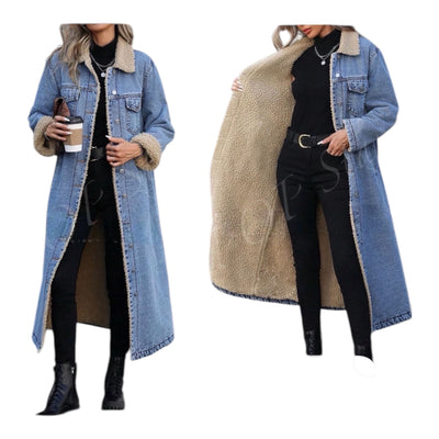 Ladies Sherpa Lined Long Denim Jacket