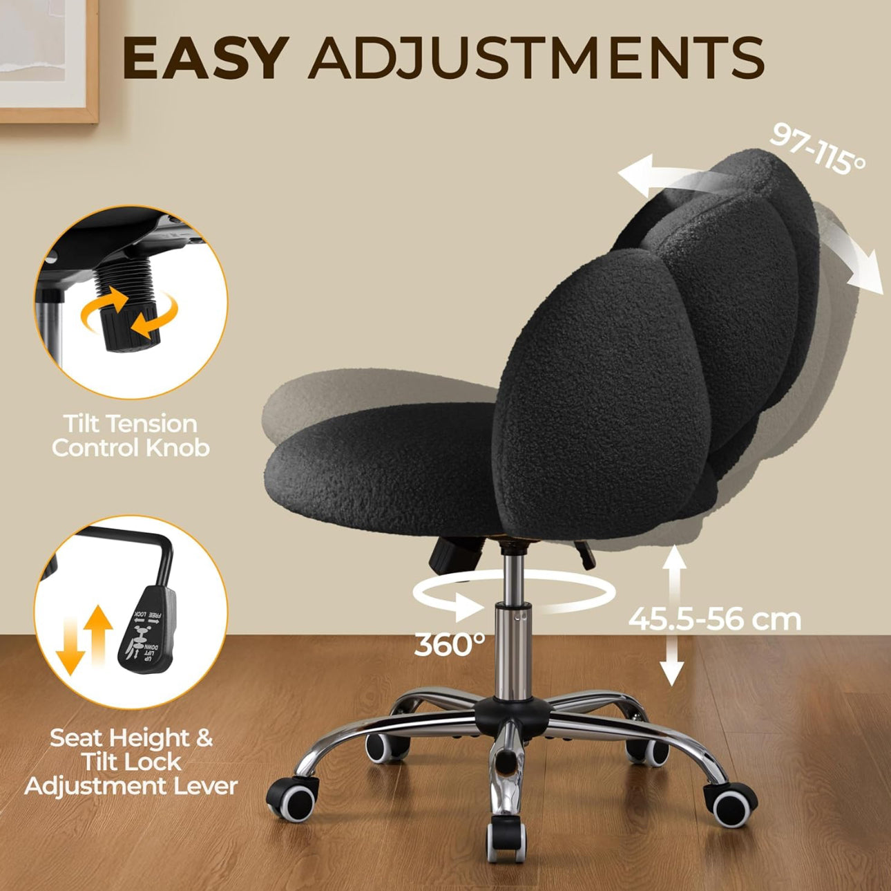 MFurn Rotating Boucle Upholstered Desk Makeup Vanity Chair with Wheels Swivel Cloud-shaped Accent Chair with Adjustable Height for Home Office Living Room, Bedroom Women Black