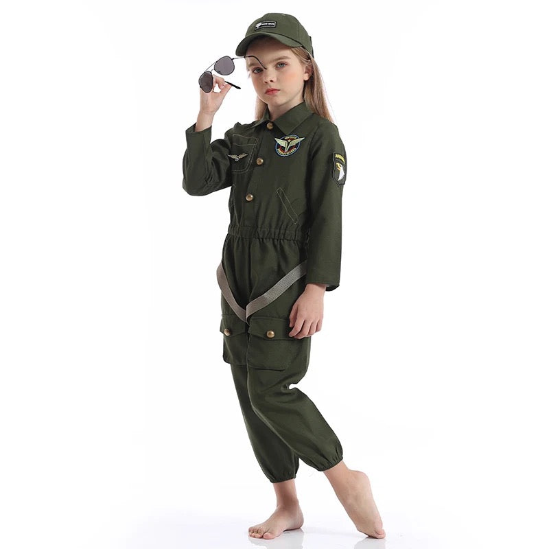 Kids Air Force Fighter Costume Children Pilot Jumpsuit Carnival Party Cosplay Roleplay Costumes Dress Up for Boys Girls Unisex