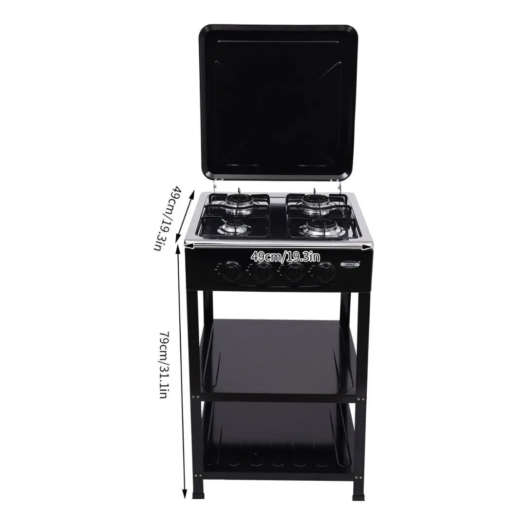 MHome Boko 4-Burner Gas Stove with Storage Shelves – Stainless Steel & Portable