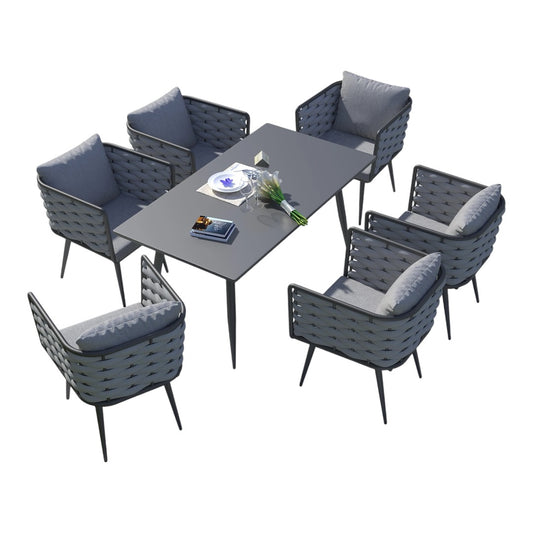 Modern Garden Outdoor Leisure Rope Woven Patio Dining Table + Chair With Aluminium Fame 7pc Set