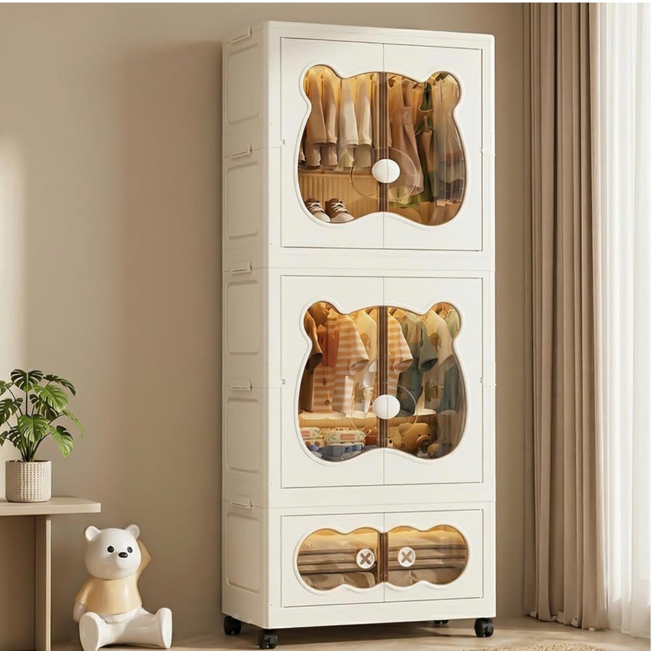 MHome  Kids Bear Wardrobe/Multifunctional Collapsible Plastic Wardrobe for Kids- Storage Cabinet – Dustproof Organizer for Baby Clothes, Toys & Books with Wheels & Hangers- Beige/Various Sizes