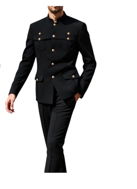 Men’s Military Inspired Mandarin Collar Safari Suit -Various Colours