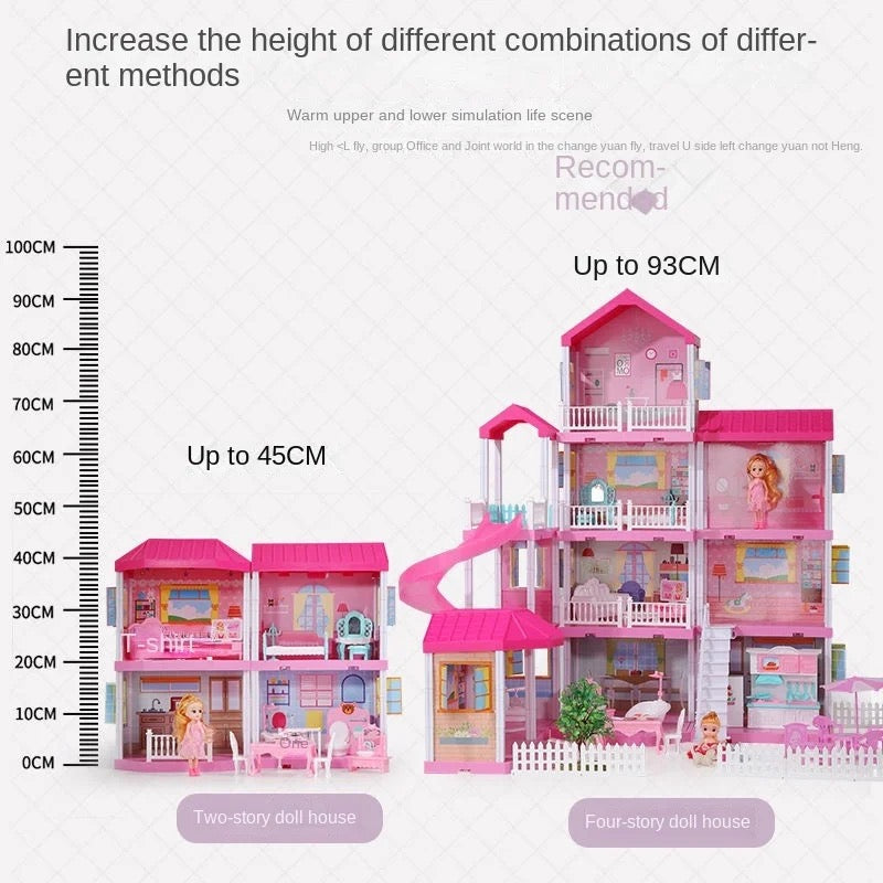 Princess Villa DIY Dollhouses Pink Castle Play With Slide Yard Kit Assembled Doll House Toy Birthday New Year Gift