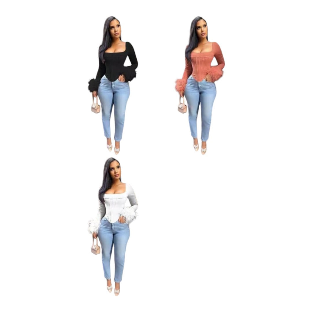 Ladies Mesh Feather Long Sleeve Corset Tops