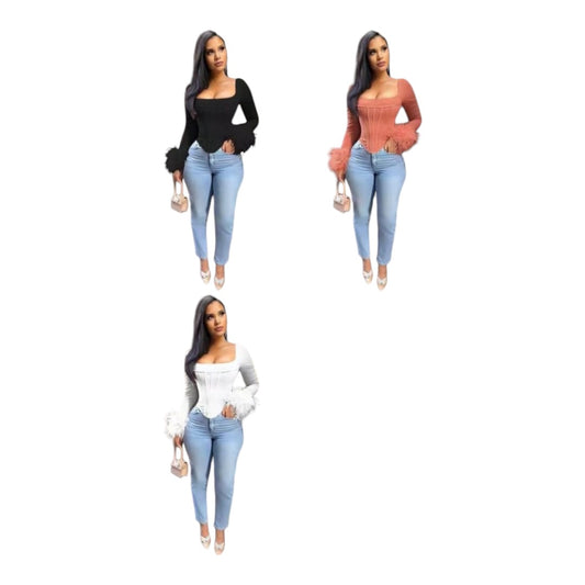 Ladies Mesh Feather Long Sleeve Corset Tops