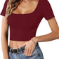 Women’s Short Sleeve Square Neck Crop Tops Basic Slim Fit Cropped T-Shirt